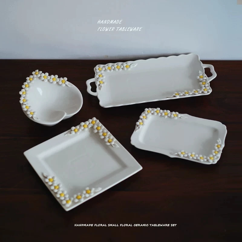 Hand-held Colorful Three-dimensional Ceramic Flower Dinner Plate Small Daisy Creative Steak Plate Square/Rectangle/Peach Plate