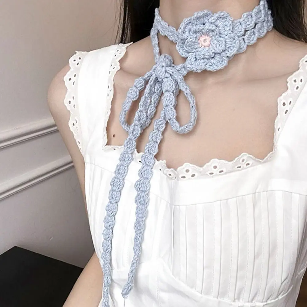 Estilo coreano flor de malha cachecol fino crochê rosa flor xale vestir decoração elegante longo estreito cachecóis picante menina