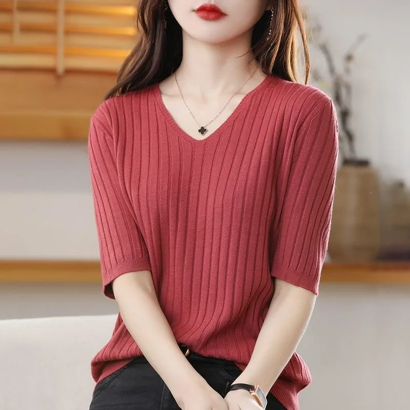 Elegant V-neck Pullover Sweater Spring Summer Ribbed Short Sleeve Top Solid Color Basic Korean Fashion Style Women Clothing