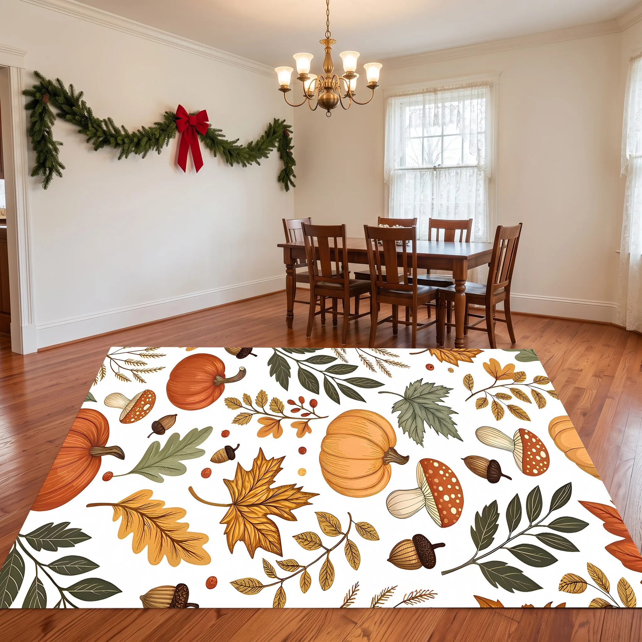 Hand-Painted Pumpkin Maple Leaf and Acorn Vintage Thanksgiving Velvet Rug for Living Room, Bedroom, and Entryway, Autumn-Winter