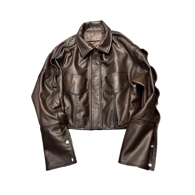 Women Black Genuine Leather Jacket Sheepskin Semi Vegetable Tanned Motorcycle Short New Design Jacket