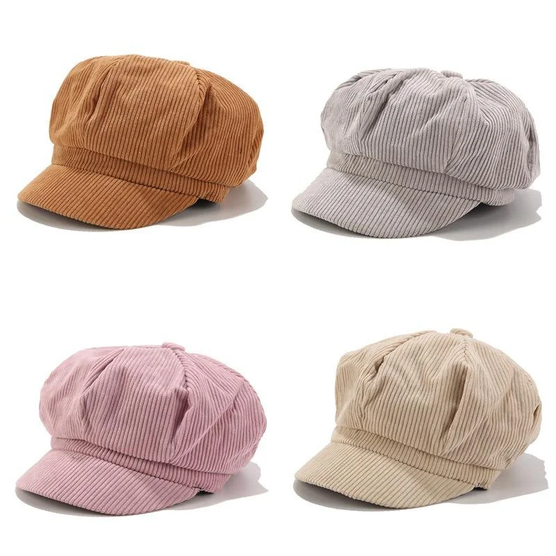 Korean Version Solid Color Women Beret Spring Autumn Newsboy Hat Vintage Corduroy Cap Painter Hat