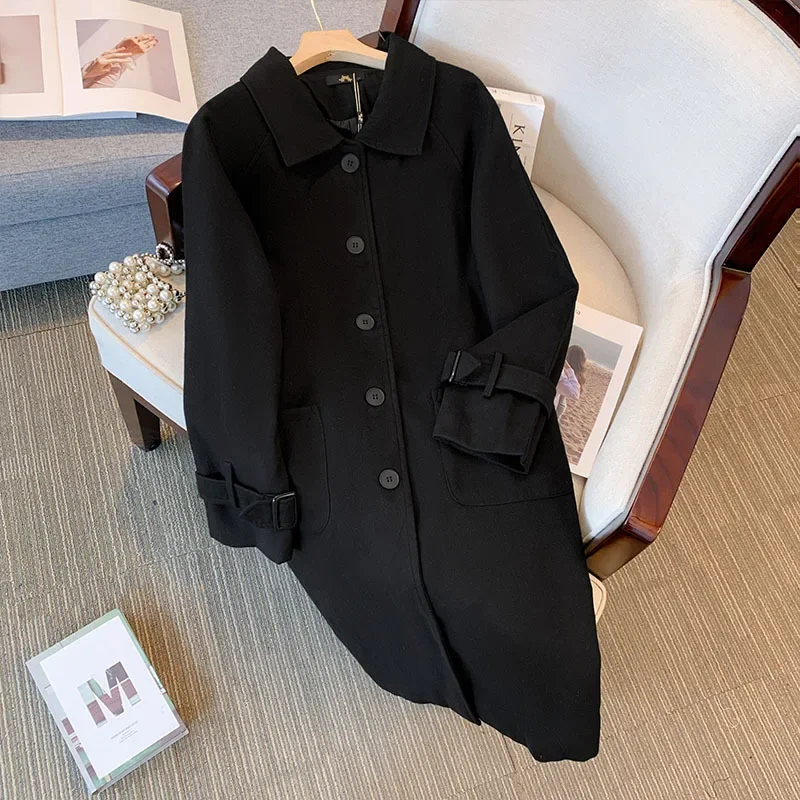 New  Winter Plus Size Vintage Black Overcoat Women Large Long Sleeve Black Woolen Warm Long Coat 3XL 4XL 5XL 6XL 7XL Clothing