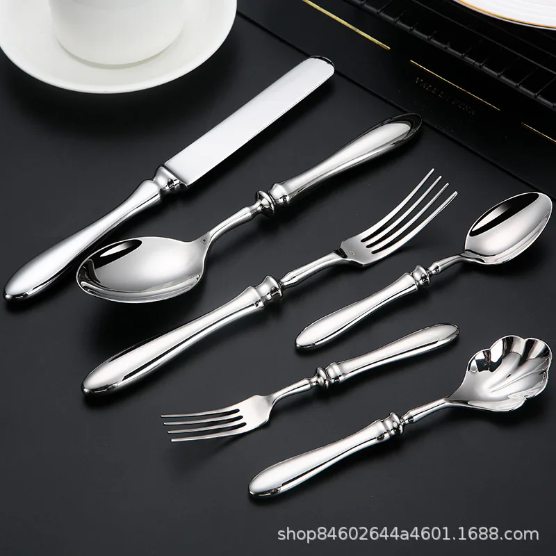 5PCS Upscale thickened oval handle western tableware 304 stainless steel knife, fork, spoon and shell spoon natural color gold.