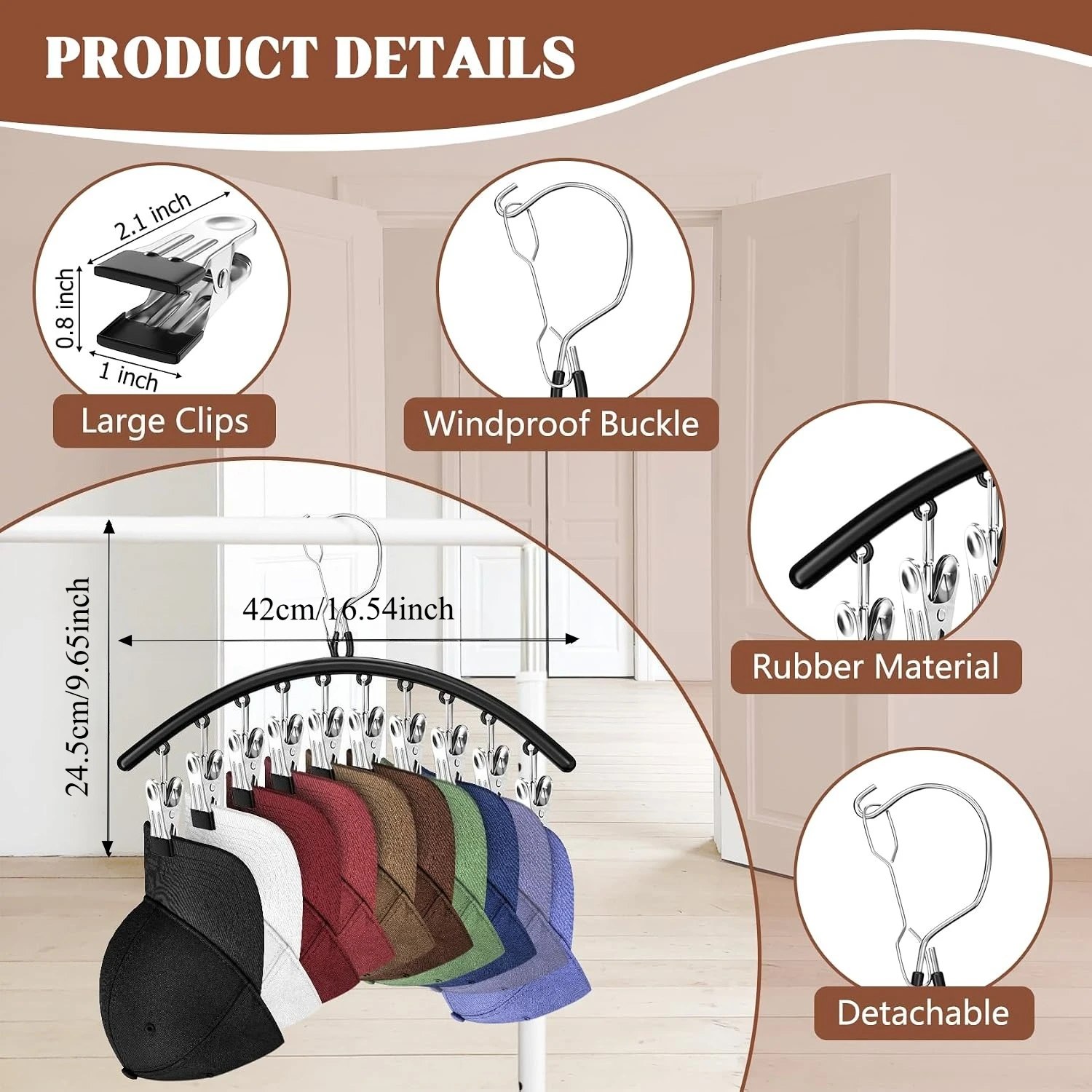3 Pack Hat Hangers for Closet with 30 Clips, for Baseball Caps, Hats Storage for Baseball Caps Beanie Accessories Men Women