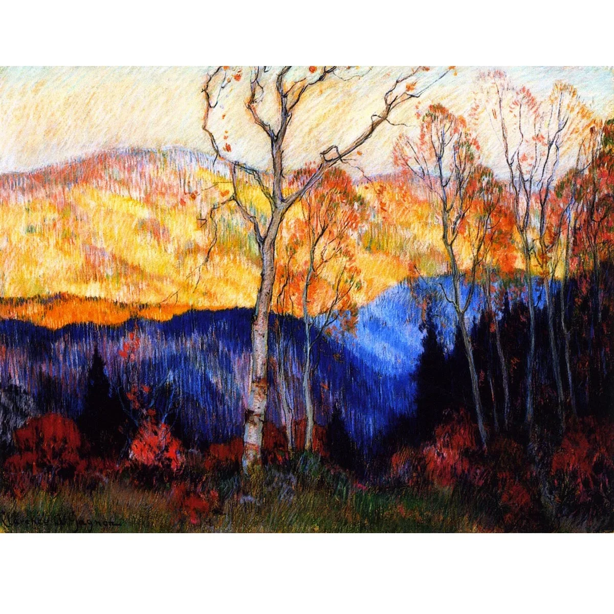 Hand draw high quality reproduction of Golden Autumn, Laurentians by Clarence Gagnon Landscape oil painting for home decor