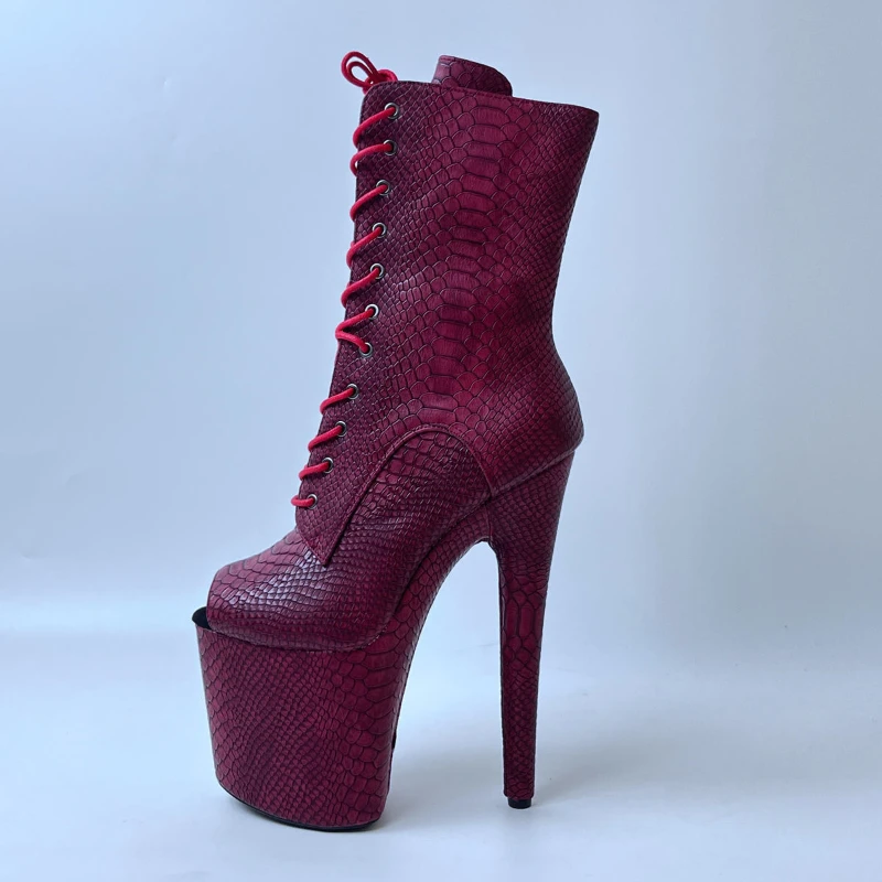 

2025 супер сексуальные модные ботинки 20 см с открытым носком и змеиным узором, ботинки для выступлений на сцене, элегантные короткие ботинки на платформе и молнии для танцев на пилоне