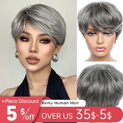 Short Pixie Cut Human Hair for Black Women Silver Grey Human Hair with Bangs Natural Looking Glueless Hair for Daily Party Use