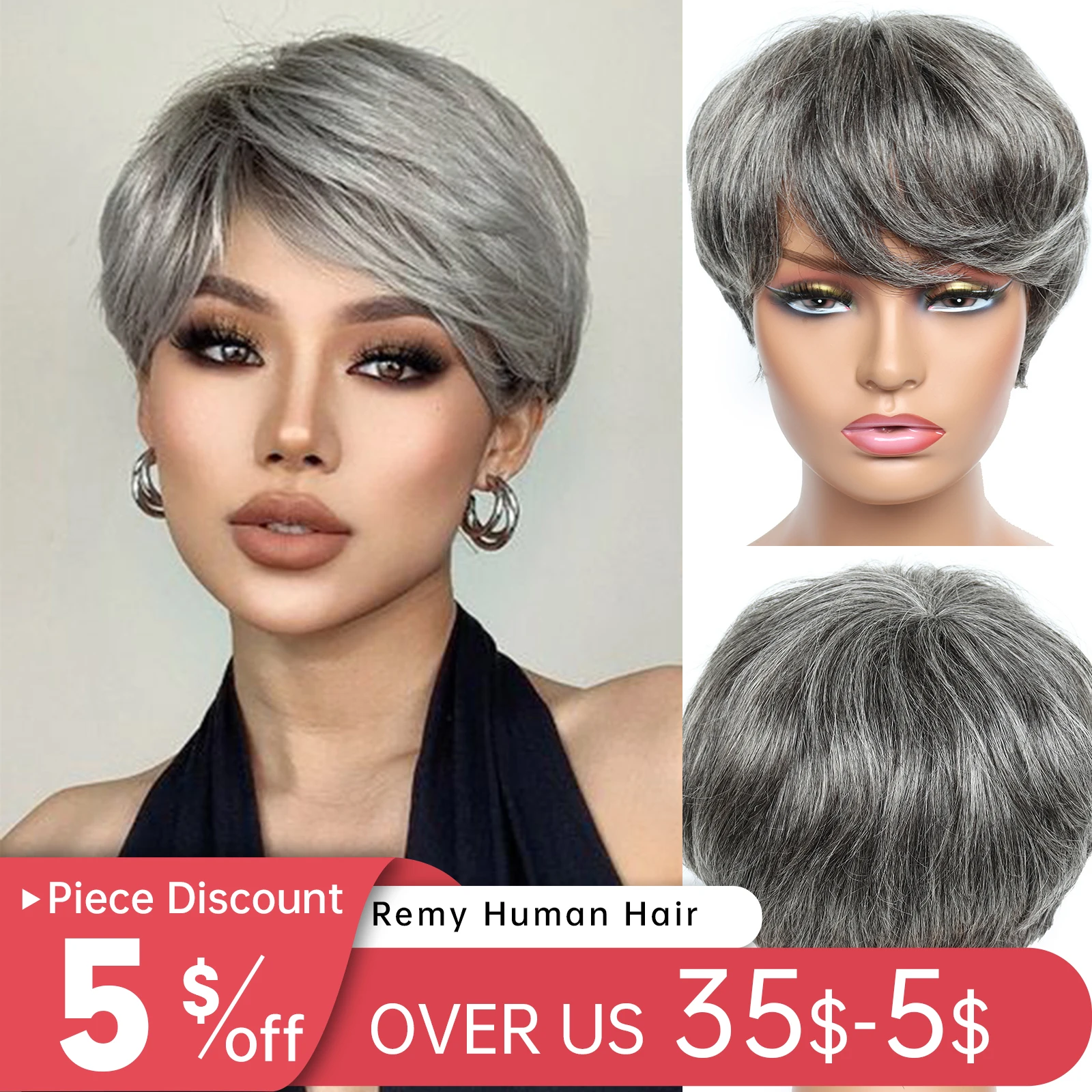 Short Pixie Cut Human Hair for Black Women Silver Grey Human Hair with Bangs Natural Looking Layered Hair for Daily Party Use