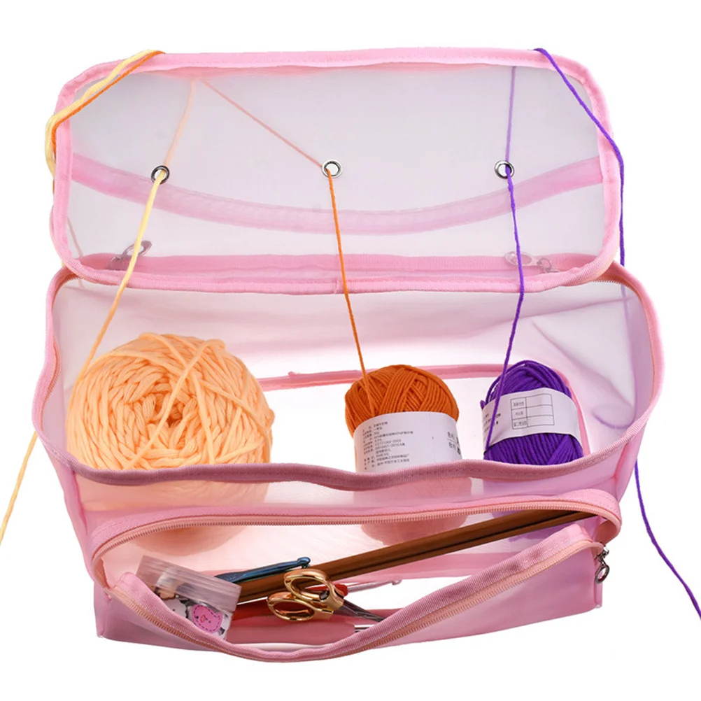 

High Capacity Knitting Bag Yarn Tote Organizer Case Storage Mesh Zipper Closure Prevents Tangling Protects Yarn Pink