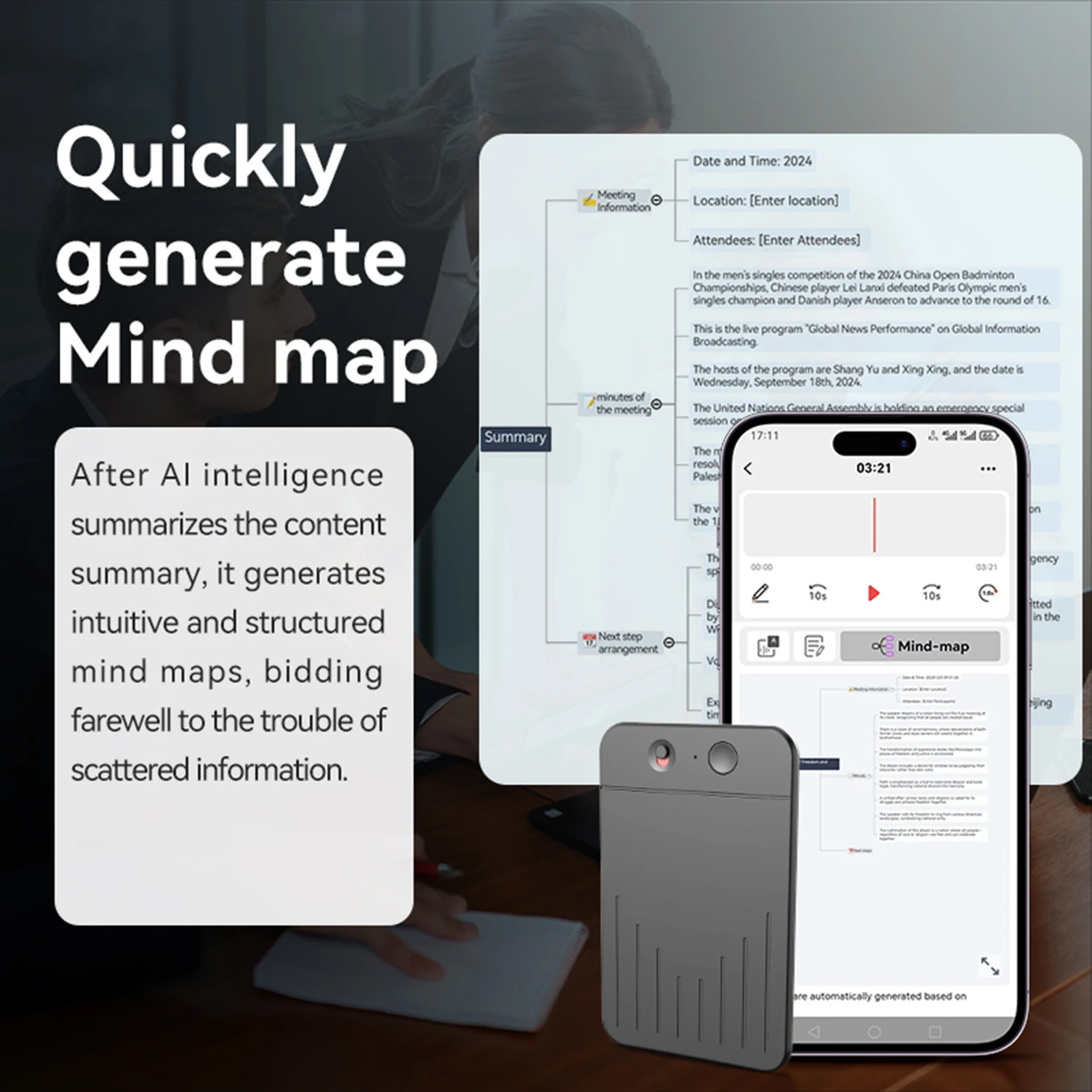 مسجل صوت AI جهاز تسجيل الملاحظات AI Transcribe & Summarization مع ChatGPT Voice إلى مسجل النص للمحاضرة/الاجتماعات/المكالمات