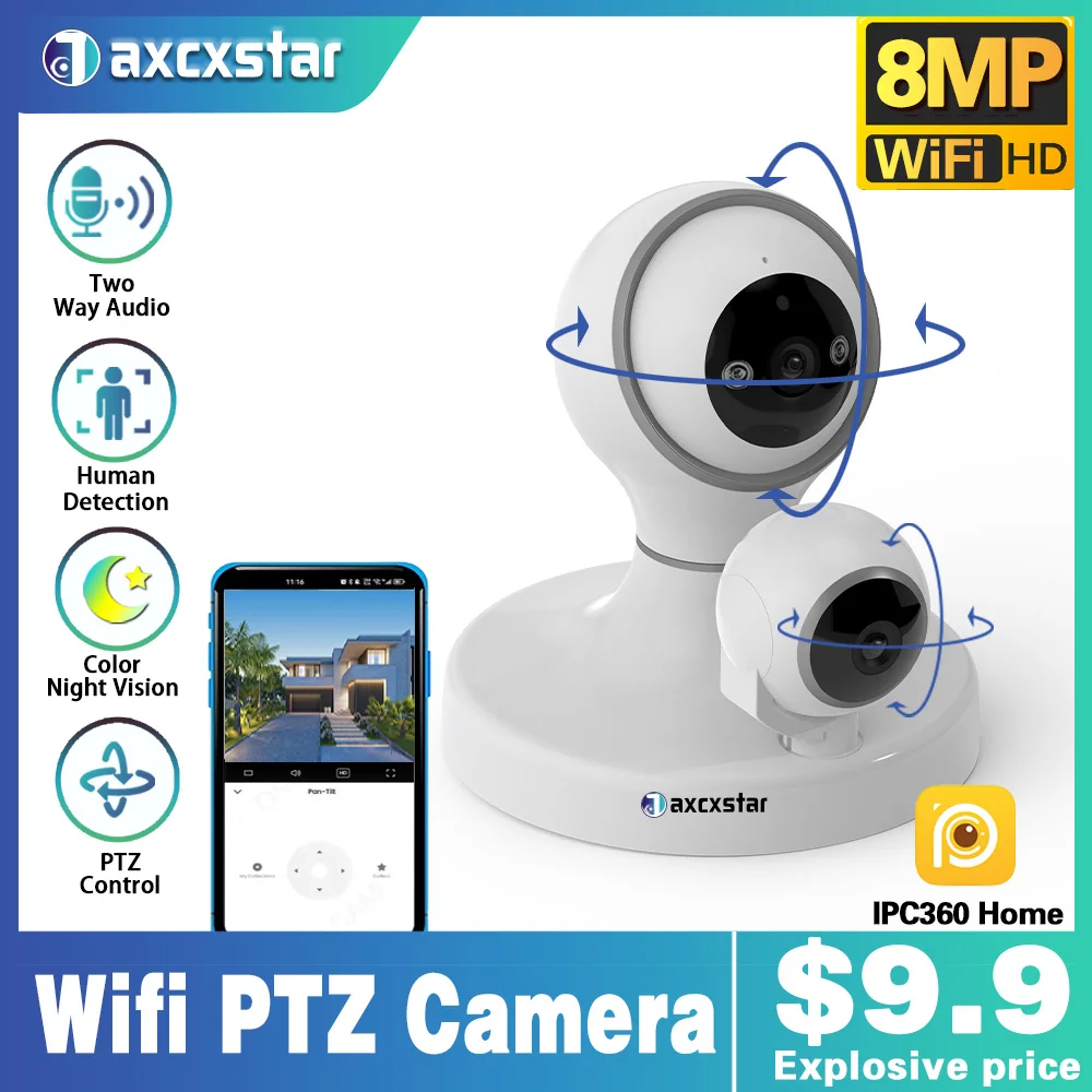 

4K 8MP WiFi PTZ IP Camera Video Monitoring Security Dual Lens Dual Screen Two Way Audio Indoor Baby Monitor CCTV Camera IPC360