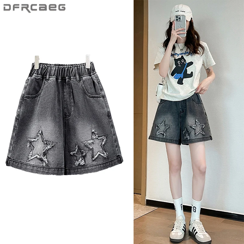 L-6XL حجم كبير الدنيم السراويل للنساء صيف 2025 عالية الخصر أسود فضفاض واسعة الساق جينس قصير النساء نجمة كبيرة الحجم جينس قصير