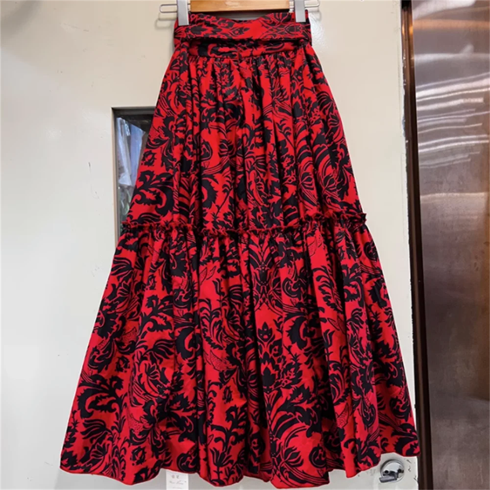 

Spring and summer new pure cotton printed red butterfly single-breasted long skirt with belt