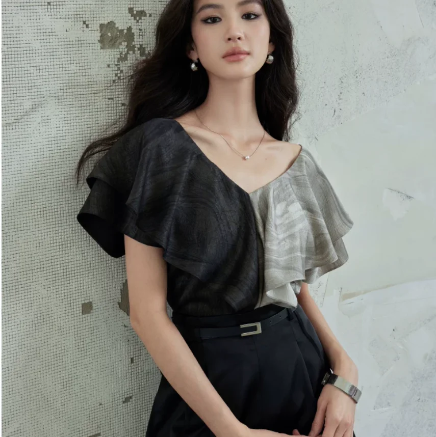 Retro Heavy Gilded Satin Crinkled Top Female Color Block Ruffle Hem Front Back Deep V Neck Elegant Daily Wear Blouse