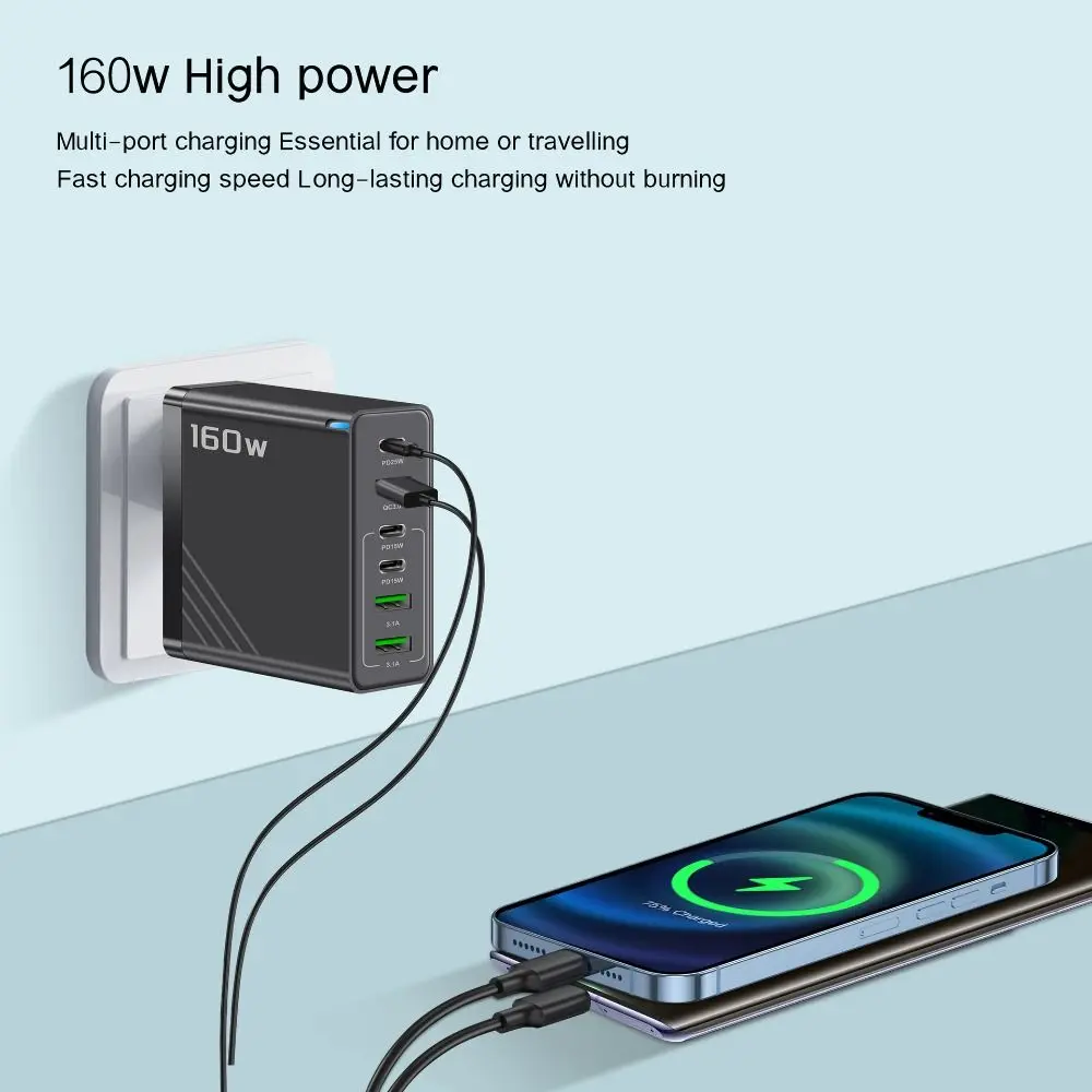 Cargador de 6 puertos de 160W, enchufe USB A + C con adaptador de cargador de teléfono LED, carga rápida PD QC3.0, cargador multipuerto para iPhone/Samsung