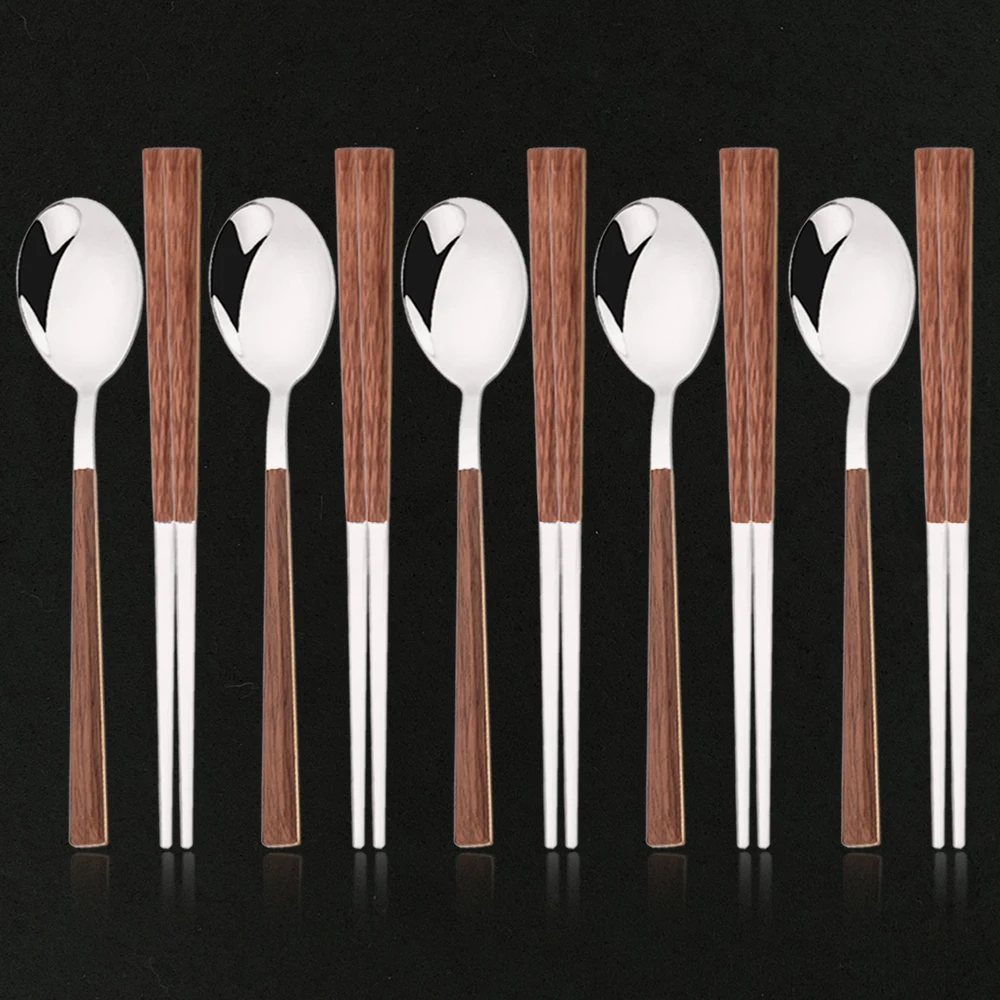 10Pcs Silver Portable Cutlery Set Dinnerware Tableware Set High Quality Imitation Wooden Spoon Chopsticks Travel Flatware Set