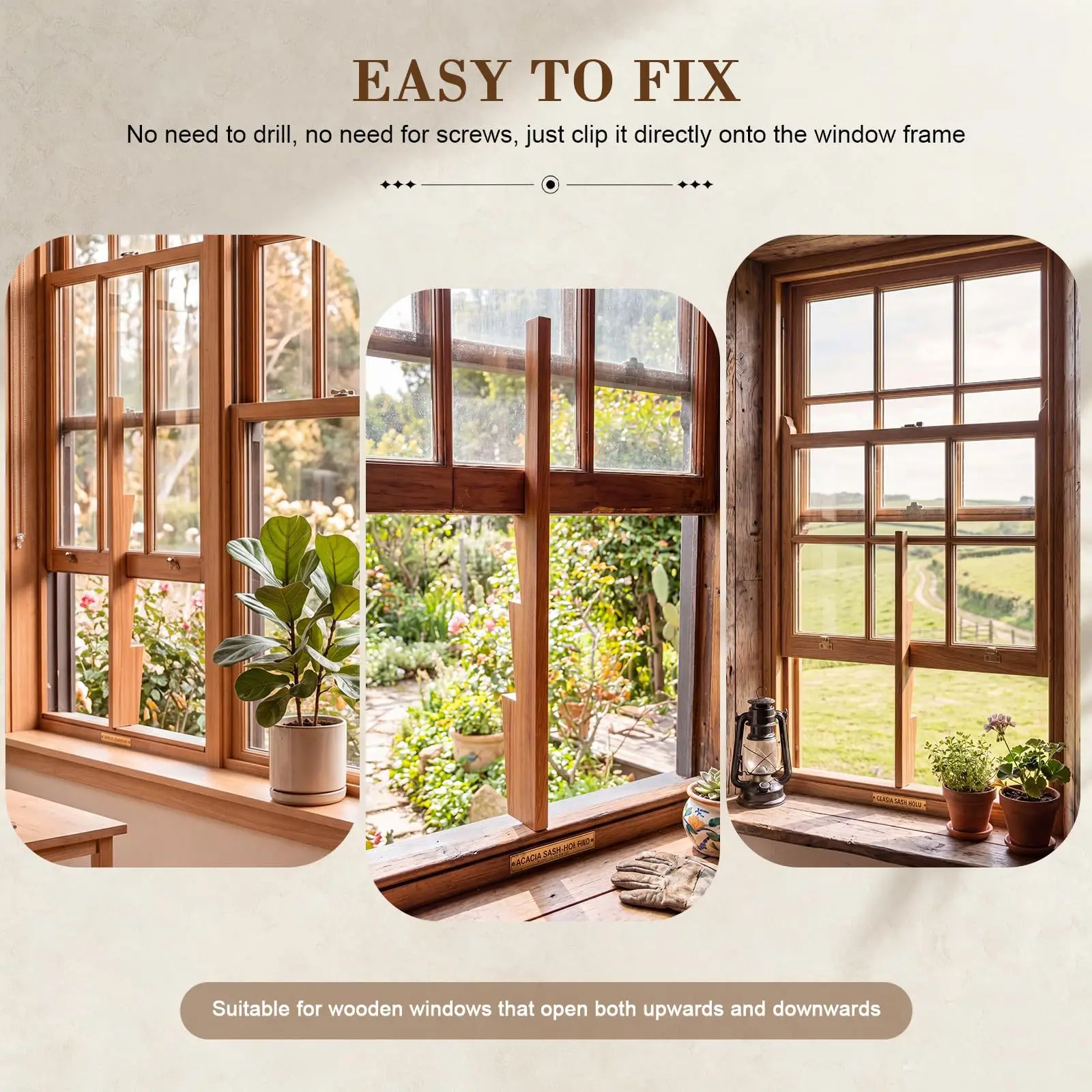 Wooden Window Support Rod, Home Window Frame Fixer, Adjustable Height Ventilation Tool, Window Opener
