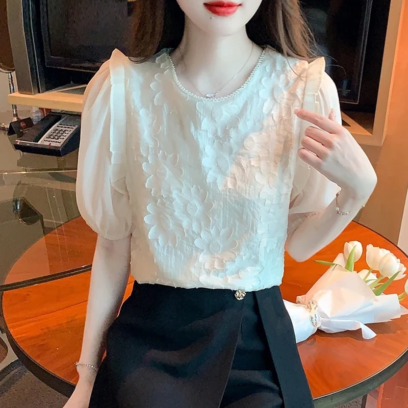 Summer Short Sleeve Blouse Women O-Neck Apricot Chiffon Blouse Shirt Women Tops Blusas Mujer De Moda 2024 Verano Blouses G528