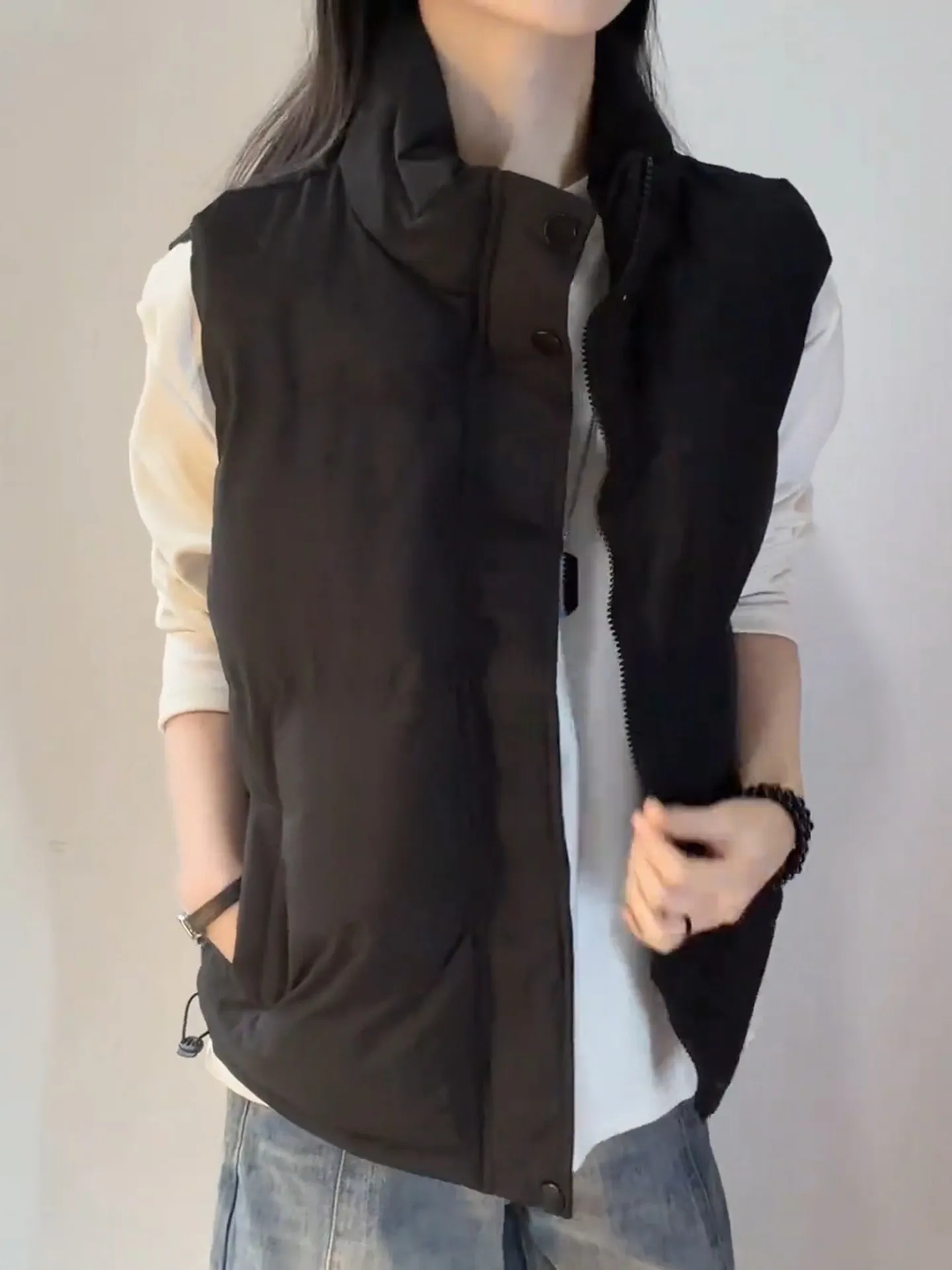 Black Stand Collar down Cotton Vest Men's Winter High-End Sensation Outerwear Sleeveless Sports Cotton Coat American Shoulder