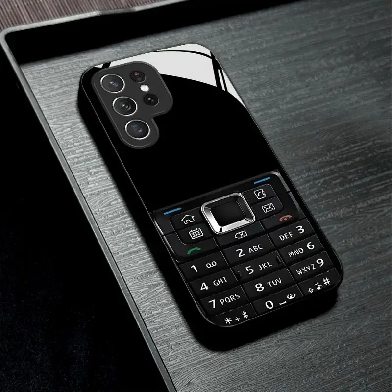 Black retro design glass phone case suitable for Samsung Galaxy S26 S25 S24 S23 S22 S20 FE/Ultra/Plus anti drop back cover