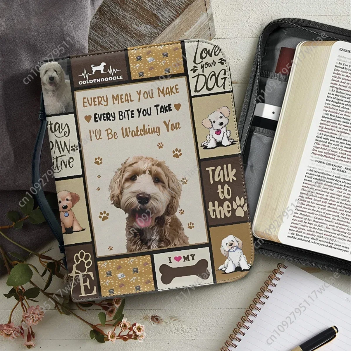 

Women's Leather Handbag Zippered Cute Teddy Dog Blessing Words Design Handle Bible Storage Bags Bible Carrying Case Custom Gift