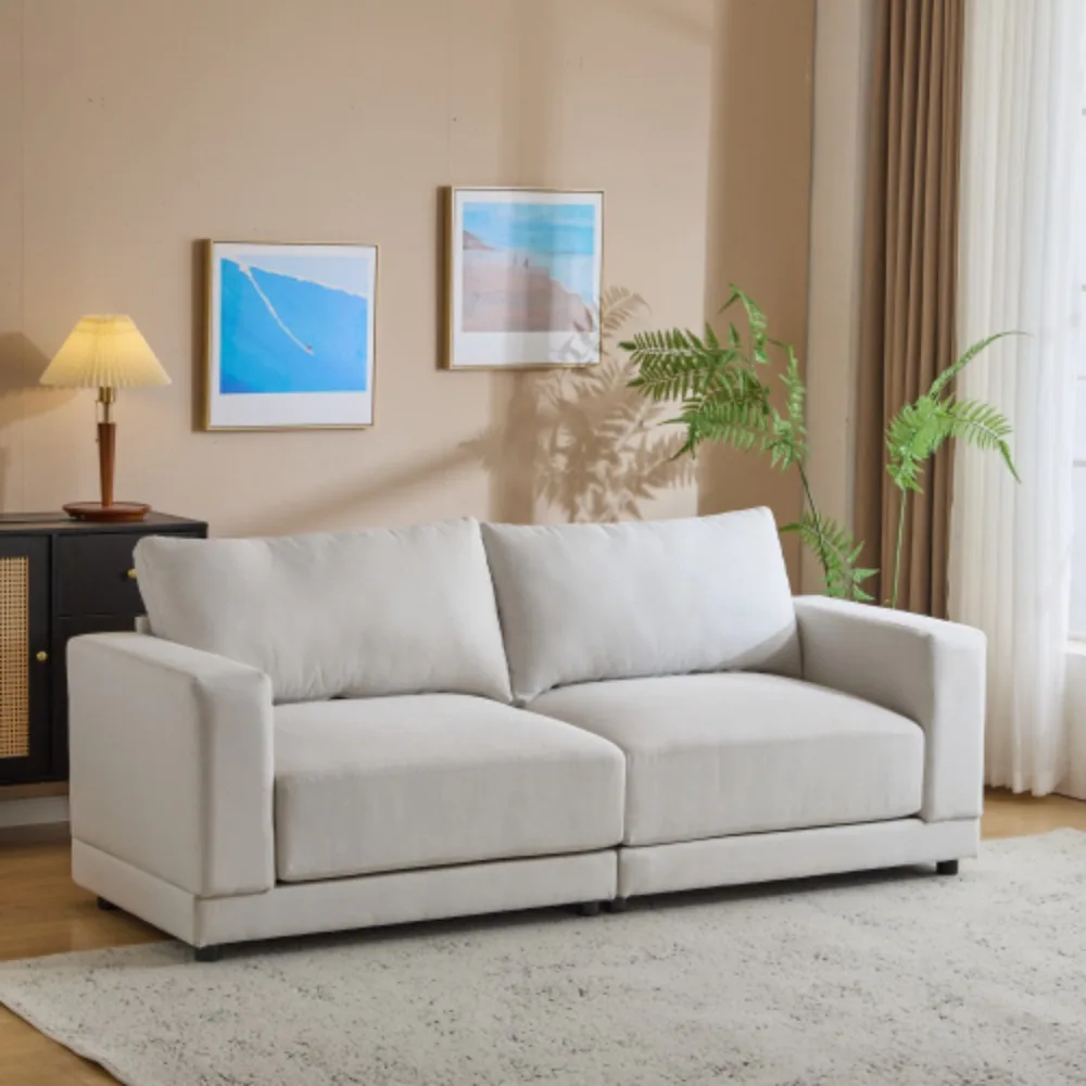 

81''Modern Square Arm Sofa with Soft Fabric Upholstery,Deep Cushions, and Sturdy Wooden Legs in White for Living Room or Bedroom