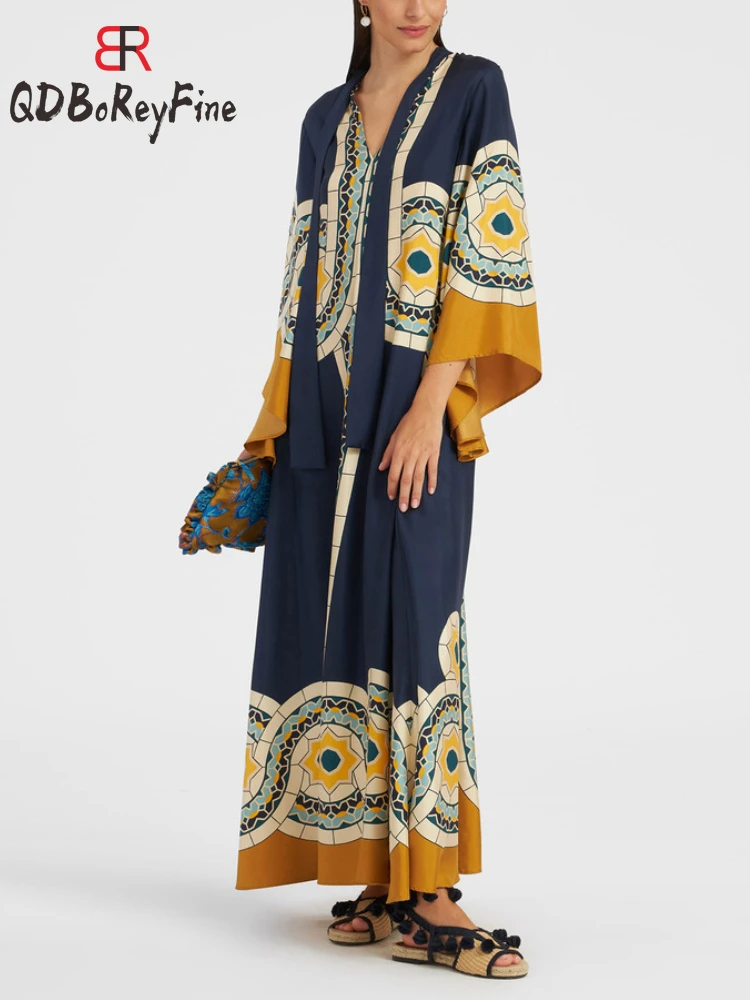 2024 novo em vestido de verão feminino elegante impresso solto vestidos de mujer manga longa rendas até boho oversized maxi vestido para mulher