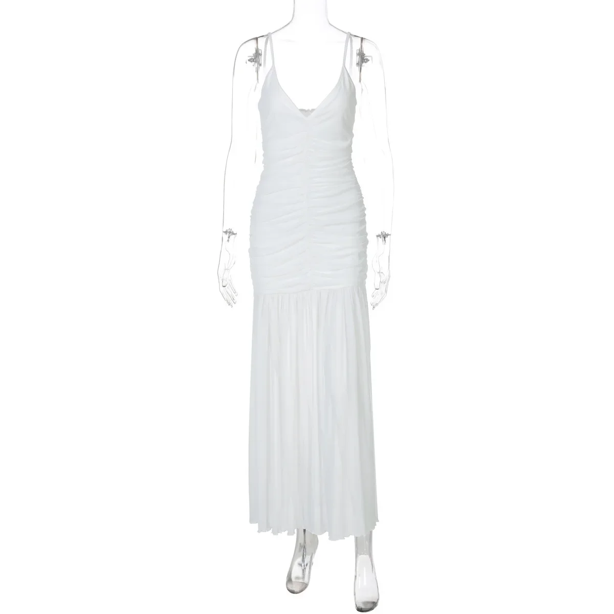 Frauen Sexy Sheer Mesh Patchwork Geraffte Bodycon Maxi Party Kleid Tiefem V-ausschnitt Spaghetti-trägern Backless Urlaub Strand Lange Robe