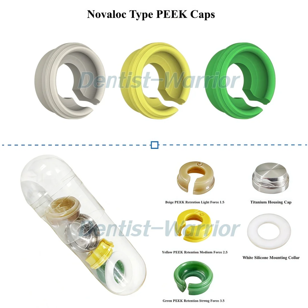 

PEEK Cap Dental Novaloc Type Overdenture Retention Insert Caps Titanium Housing Caps & Removing Tool
