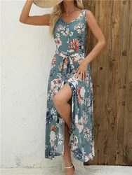 Msfilia Vacation Style Floral Print Summer Spring Dress Sexy Chic Dress Sleeveless V Neck High Waist Bandage Ladies Dress