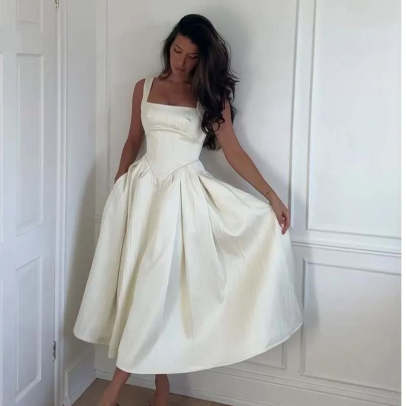 YENKYE 2025 Women Sexy Elegant Evening Party Dresses Pretty Girl Square Neck Sleeveless A-line Midi Summer Dress Birthday Robe