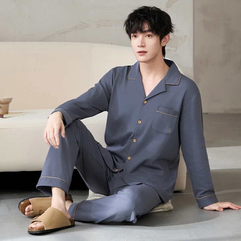 

Spring and Autumn Men Pajamas Set 100% Cotton Turn-down Collar Sleepwear Male Long Sleeve Pyjamas