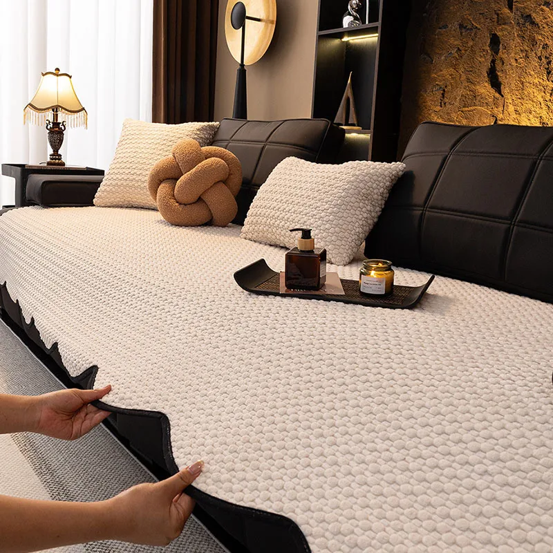 Corduroy Solid Sofa Cover with Wavy Edges Plush Soft Anti-Cat Scratching Couch Cushion Easy-Care Furniture Protector for Home
