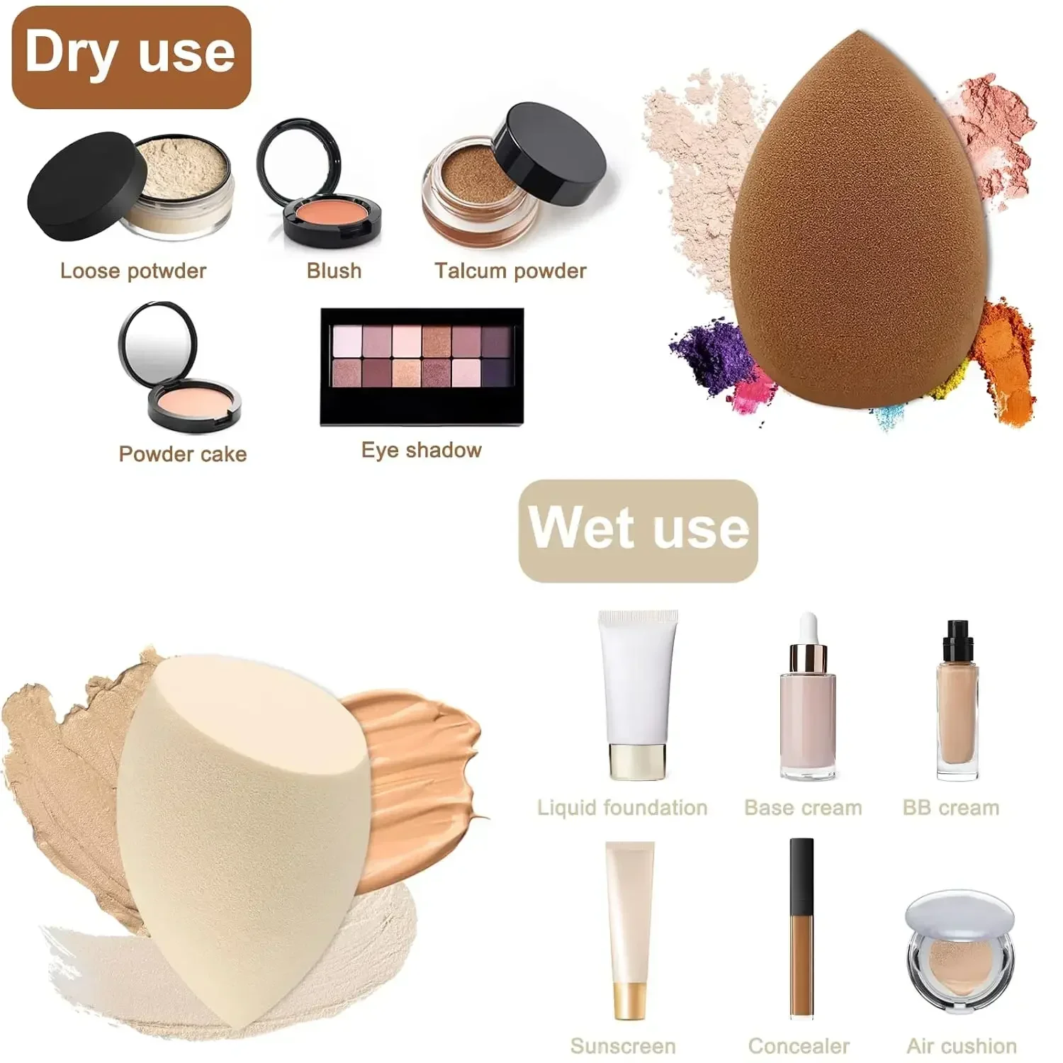 4-częściowe gąbki do makijażu w opakowaniu (Beauty Blenders), suche i mokre, podwójnego zastosowania, blendery do podkładu i kremu