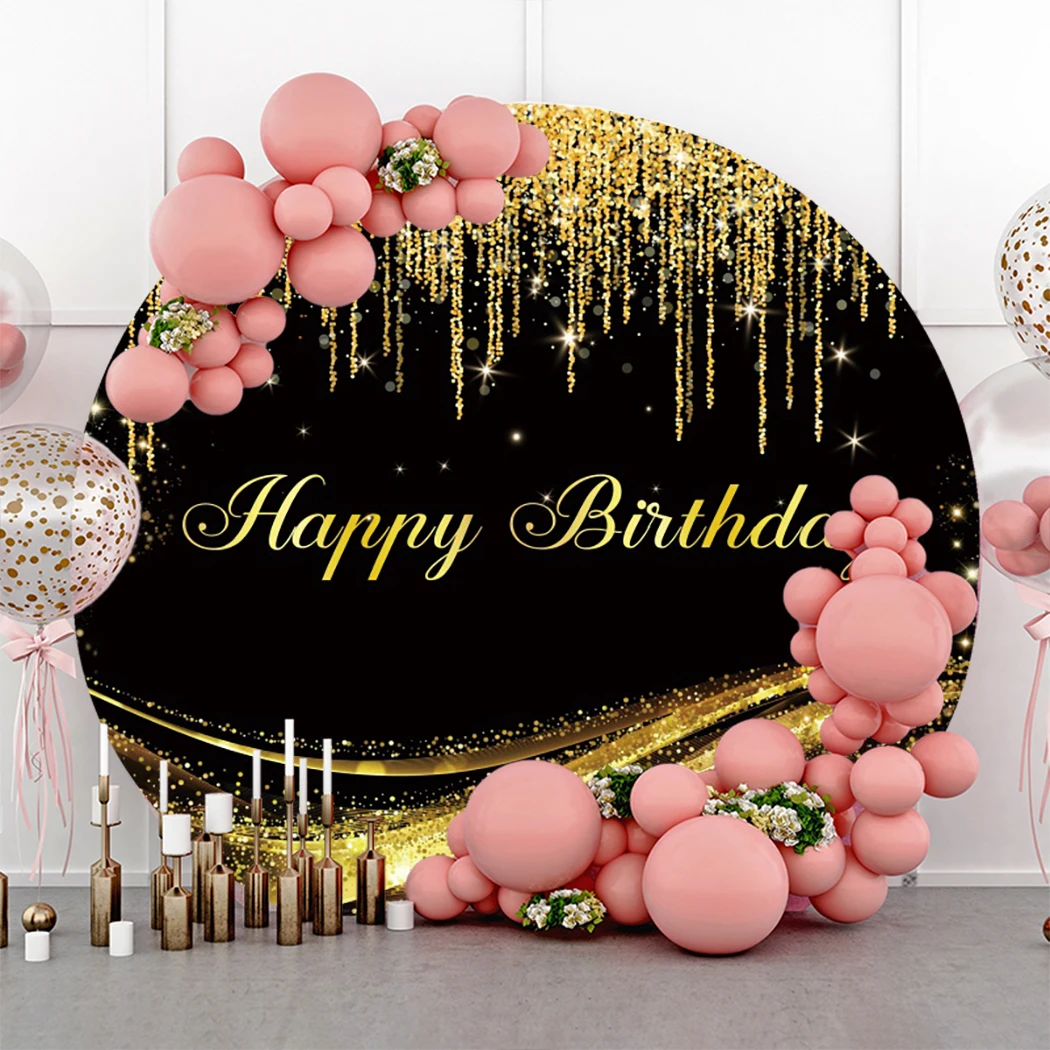 Happy Birthday Backdrop Custom Gold Silver Shiny Party Round Background Photoshoot Studio Photocall Photozone Decoration