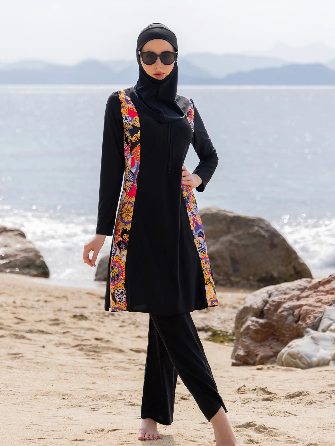 New Summer Cross-Border Sexy Print Long Sleeve Asymmetrical One-Piece Swimsuit for Women European Style Amazon Fashion