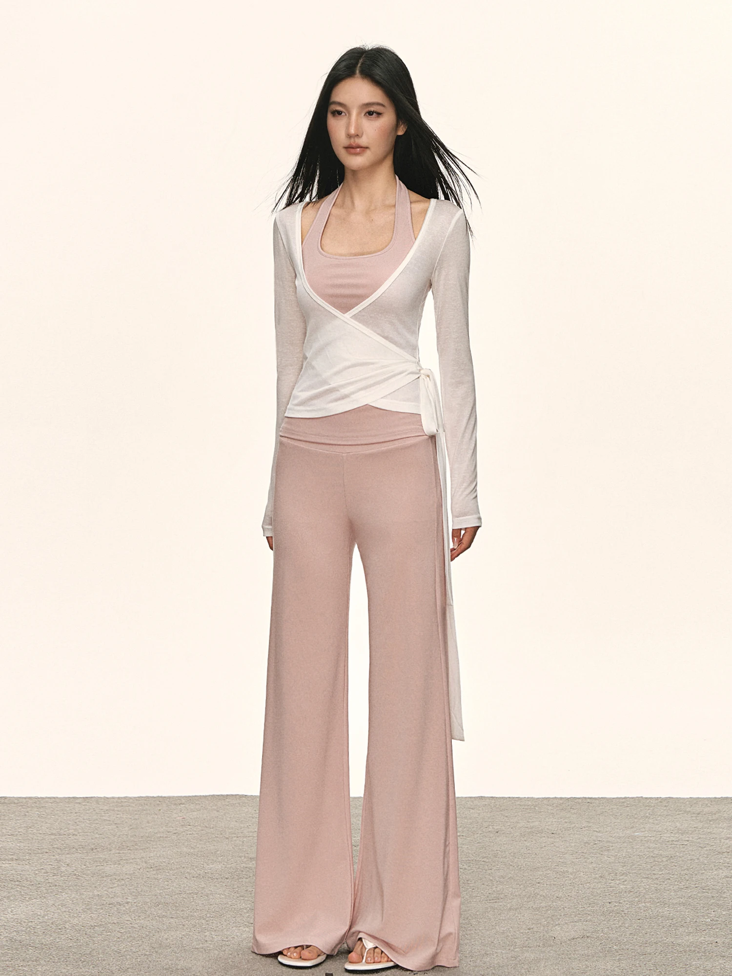Low Waist Wide Leg Pants Women's Summer Thin Loose Drapey Micro Flared Straight Long Trousers Casual Style Pure Color Elastic