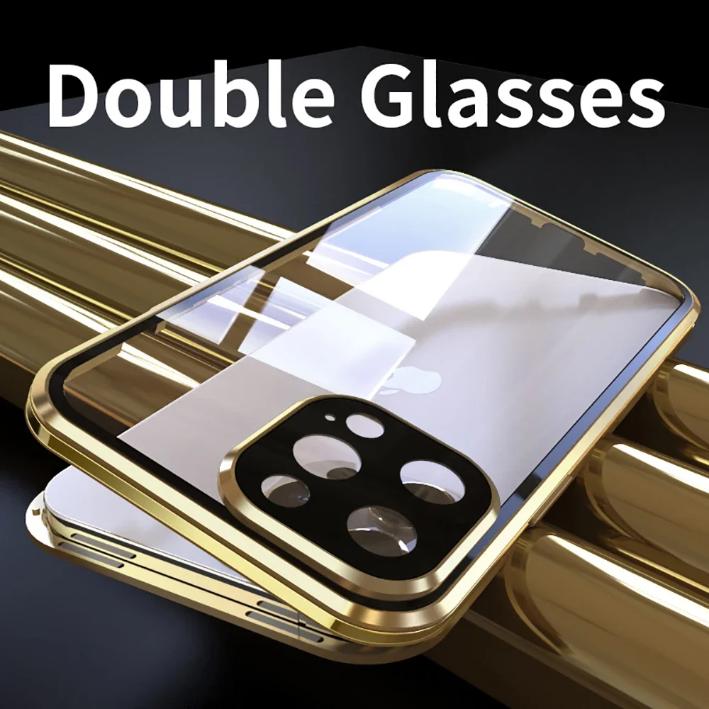 Double Sided Temper Glass Metal Magnetic Phone Case for IPhone 16 15 Plus 11 14 Pro Max 12 13 Mini Full Lens Protect Cover Cases