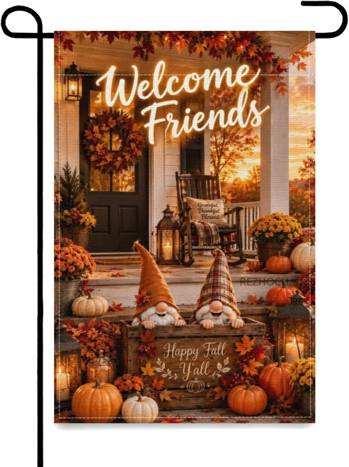 Autumn Front Porch Garden Flag 12x18 Inch,Cute Funny Gnome Pumpkins Fall Leaves,Cozy Welcome Friends Outdoor Yard Decor,Than yyi