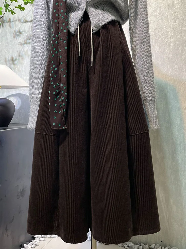Vintage Corduroy Wide Leg Pants Women Korean High Waist Drawstring Casual Pants Y2K Loose Streetwear All Match Straight Trousers