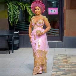 Exquisite Beaded Lace Pink Evening Dresses Asoebi Style Formal Party Gowns Nigerian African Wedding Guest Dress 2024 Plus Size