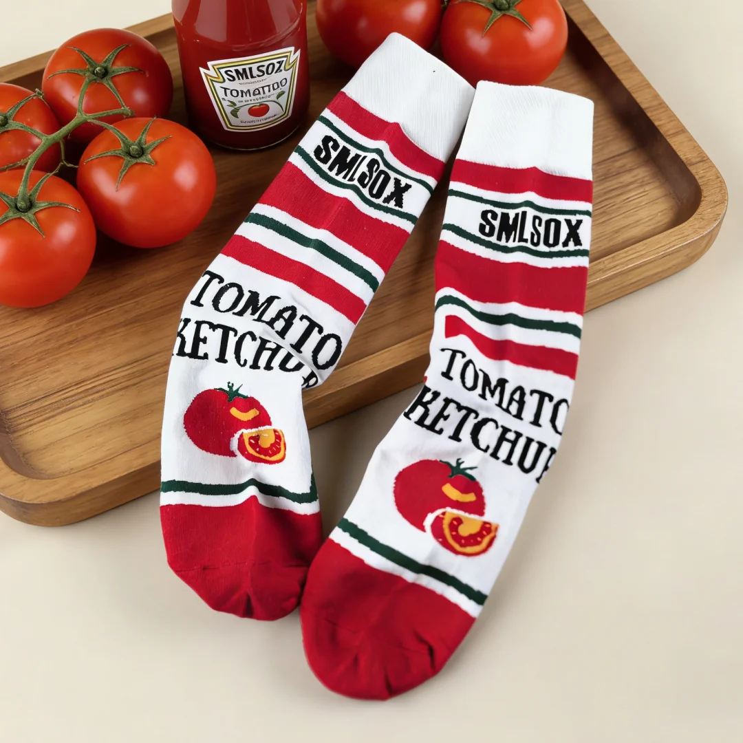 1 Pair  Funny Tomato Ketchup Printed Mid-Calf Men Socks Suit In All Seasons