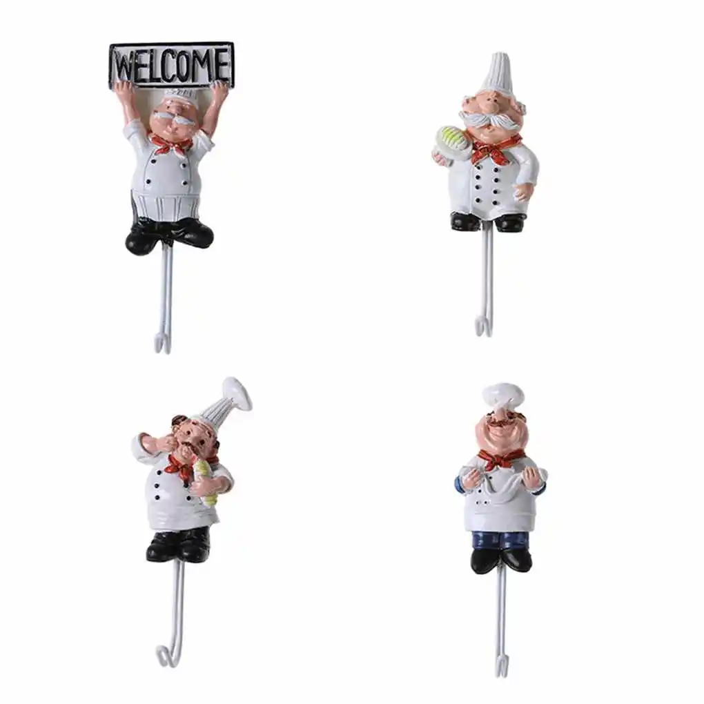 4pcs Cartoon Chef Stainless Steel Sticky Hook Clothes Coat Hat Hanger Kitchen Bathroom Rustproof Towel Hooks