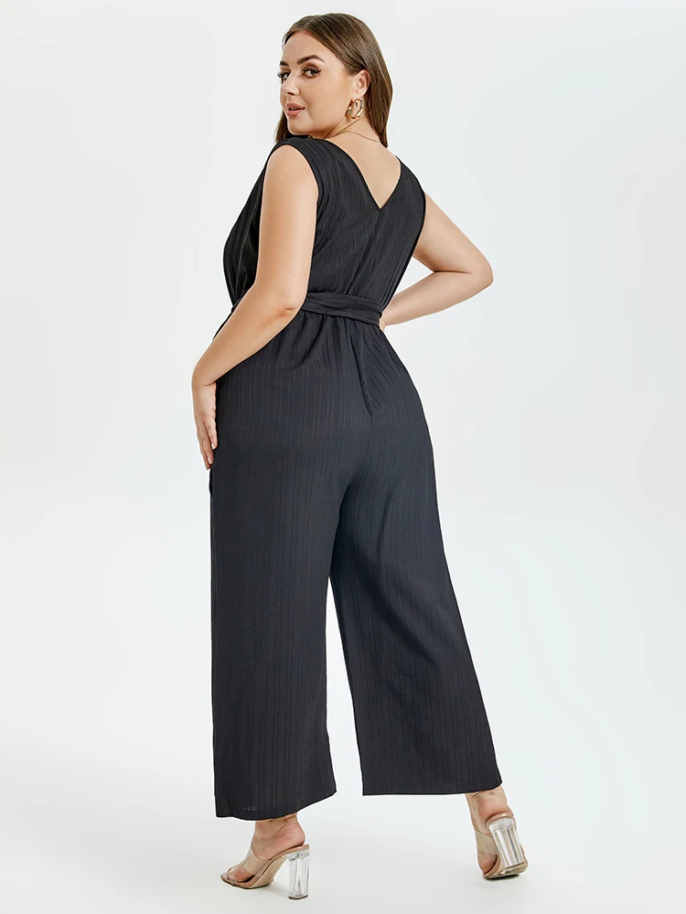 Plus Sized Clothing Women Sleeveless Solid Elegant Summer Black V-Neck Belted Wide Leg Tank Jumpsuit with Pockets Playsuits