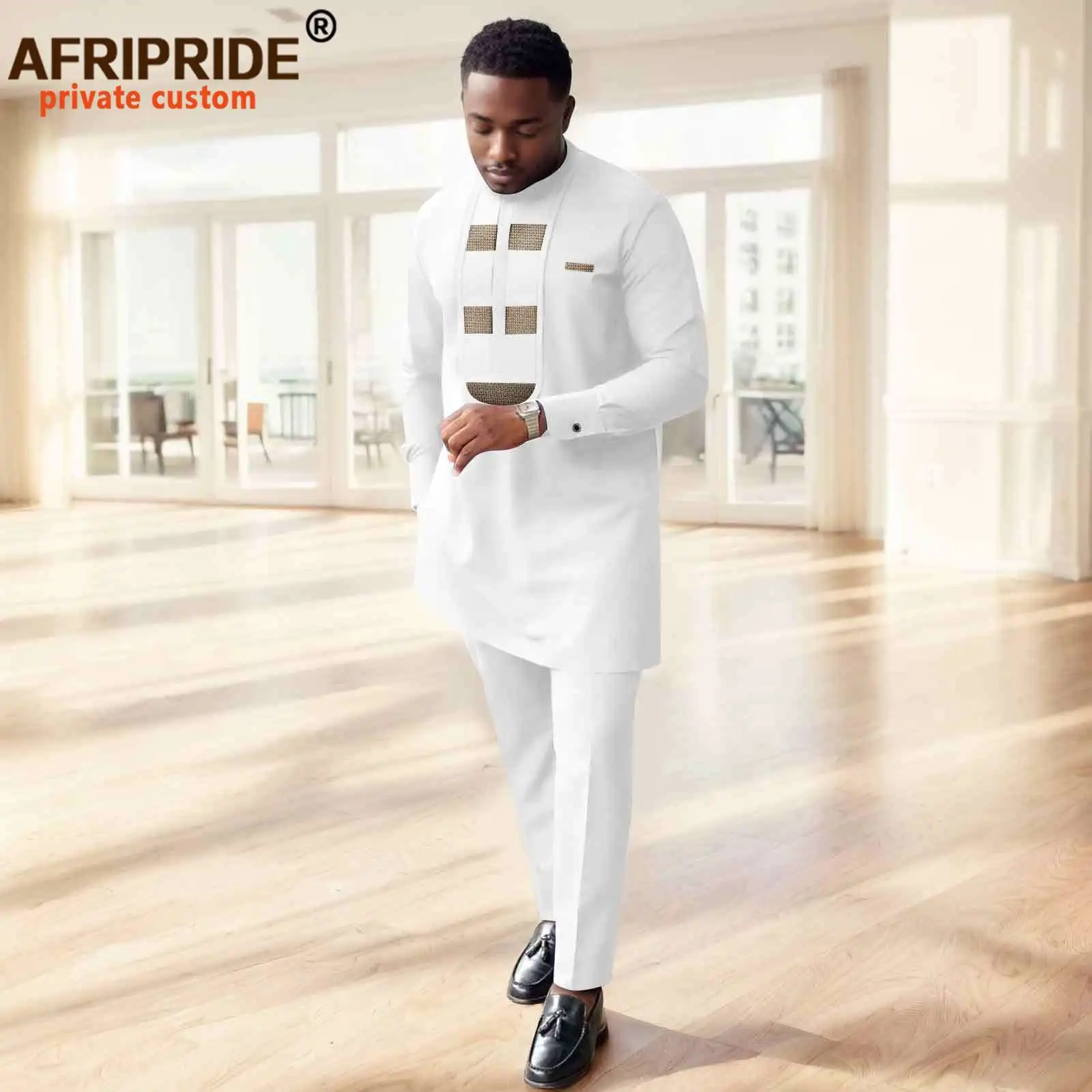 Bazin Riche African Traditional Clothes for Men Full Sleeve Shirts and Ankara Pants 2 Piece Set Dashiki Outfits 2516055