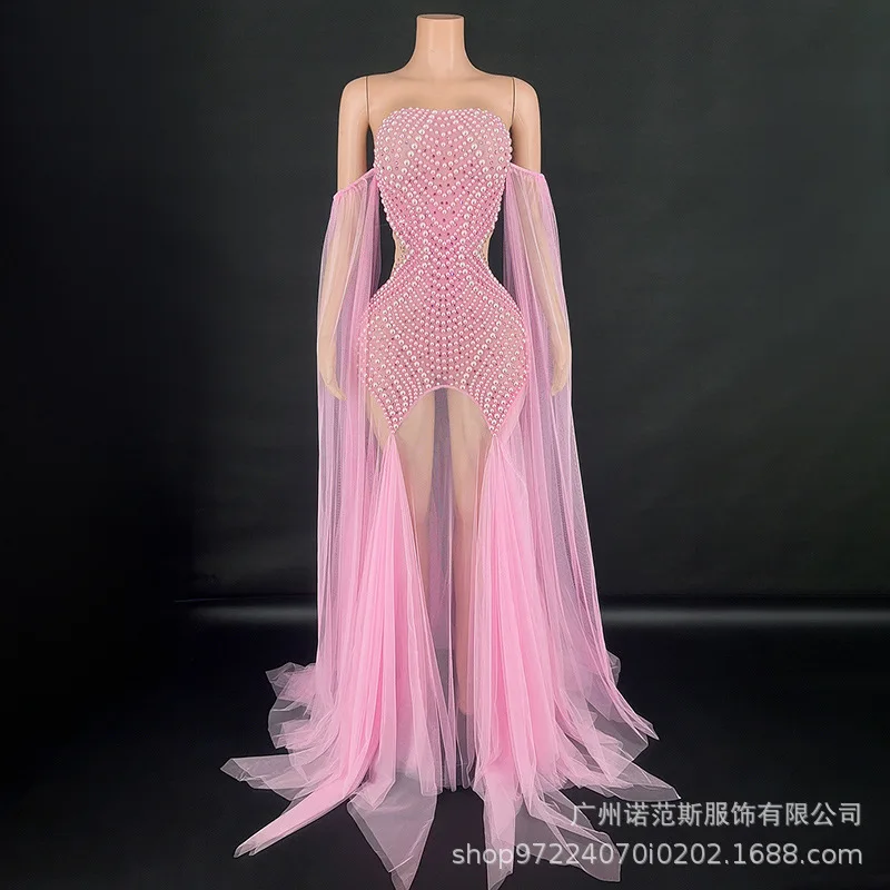 Premium Green Chest-wrapped Mesh Yarn Hip-wrapped Fairy Luxury Dress Adult Model Catwalk Trendy Clothing Annual Meeting Dress
