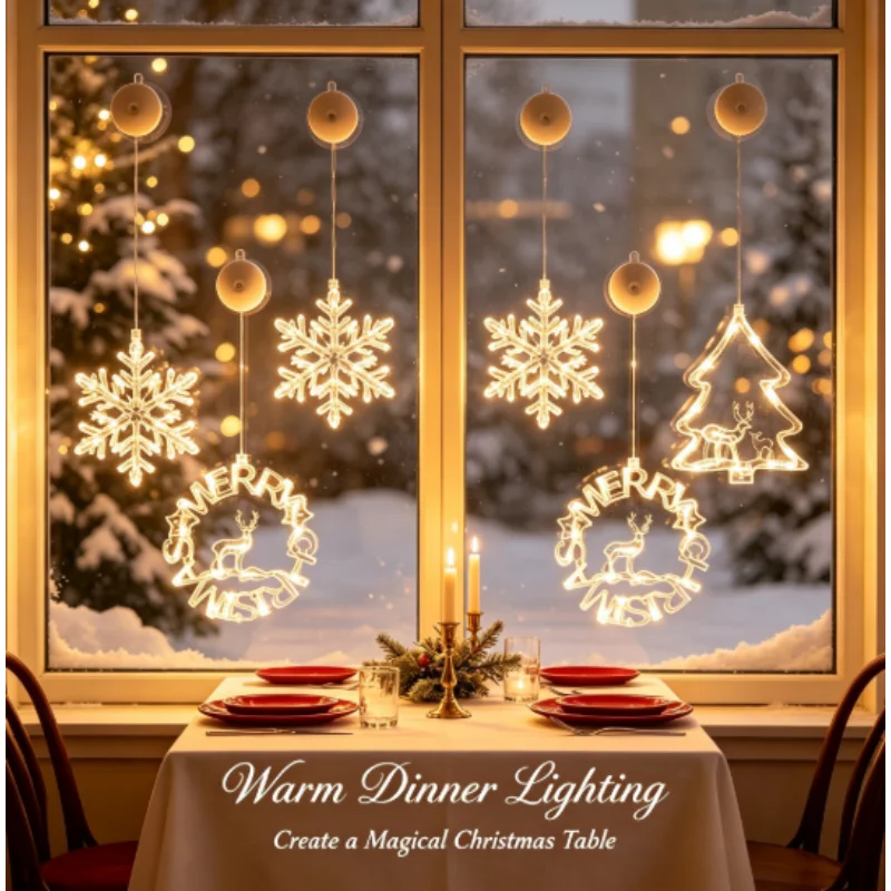 Hanging Christmas Suction Cup Light Battery Operated Snowflake Shape LED Ornament for Window Door Wall Holiday Party Decor