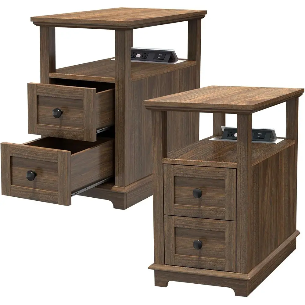 

Прикроватный столик с двумя портами для зарядки и деревянным шкафчиком для хранения, для гостиной и спальни