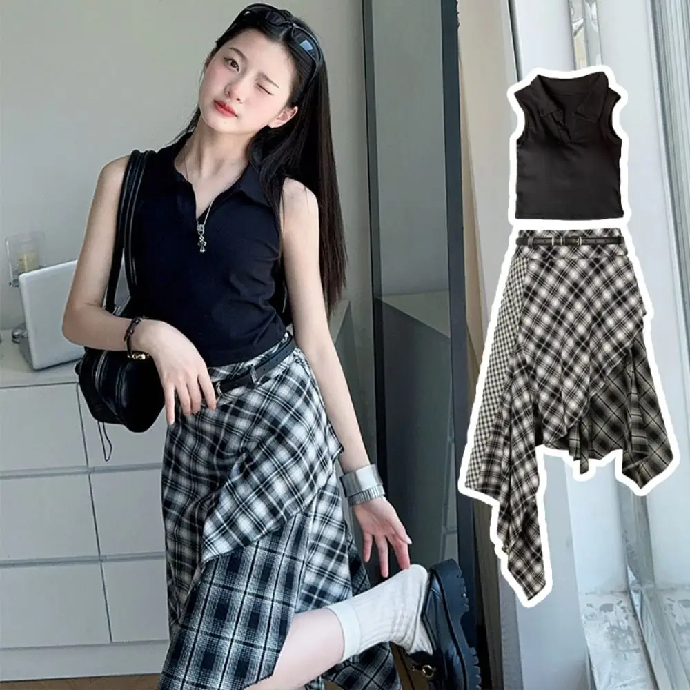 Cool Plaid Pleated Girls Clothes Set Irregular Short Sleeve Midi Skirt Set Teens y2k Outfits Children Shorts Suit Students